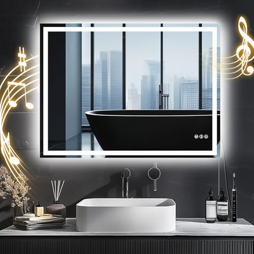 CROWNSHOP Bathroom Mirror with LED Lights 80x60cm – Bluetooth LED Illuminated Mirror with Anti-Fog, 3 Colour Dimmable Lights, Touch Control & Memory Function | IP54 Rated, Horizontal/Vertical Mount