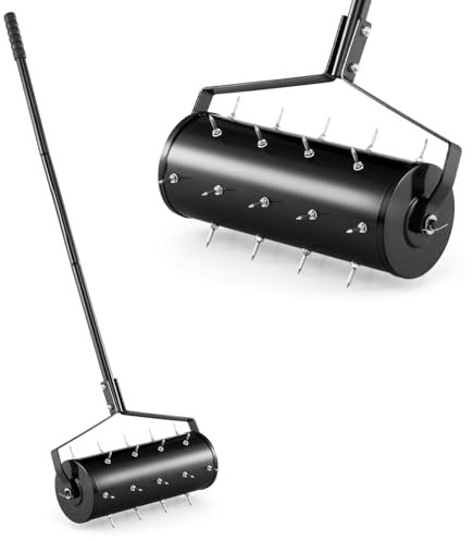 COSTWAY Aérateur à Gazon Roulant de 44 cm, Scarificateur Manuel avec Poignée Amovible de 128 cm Pointes de Dents pour Ameublir Le Sol, Aération de l'herbe pour Pelouse Jardin, Noir