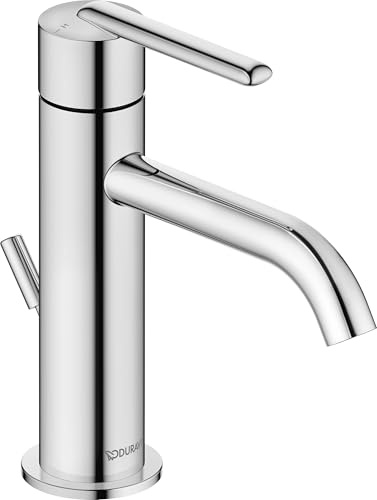 Duravit Balcoon Waschtischarmatur, Größe S (Auslauf Höhe 123 mm), energiesparende Waschbecken Armatur (FreshStart), wassersparender Wasserhahn Bad (MinusFlow), mit Zugstangen-Ablaufgarnitur, Chrom