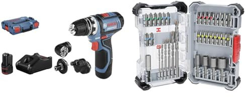 Bosch Professional 12V System Akku Bohrschrauber GSR 12V-15 FC - FlexiClick System (inkl. 2x 2.0Ah Akku, Ladegerät GAL 12V-40) + 35x Extra Hard Schrauberbit‑ und CYL-3 Bohrer-Set (197 x 110,5 mm)