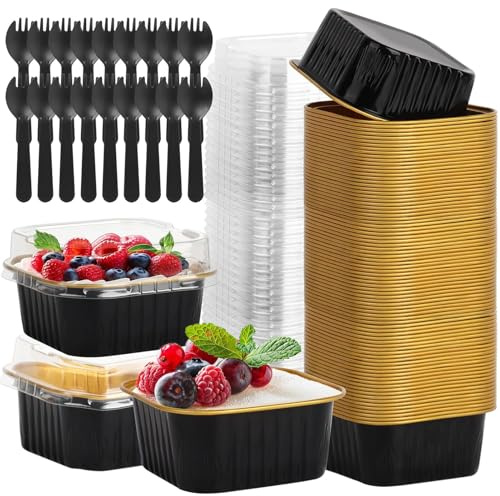 Hikrxya 60 Pack Mini Cake Baking Cups with Lids and Spoons - 150ml Reusable Aluminum Square Baking Cups - Mini Loaf Pans for Dessert Bread Wedding Picnic Birthday Party - Black Gold