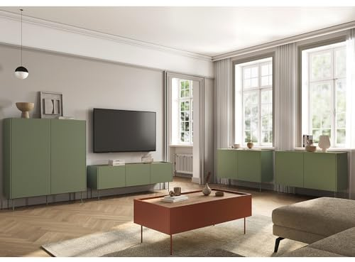 Lomadox Wohnmöbel Set Wohnwand in olivgrün und rot mit Eiche, 5-teilig mit Couchtisch, Highboard, Lowboard, 2 Sideboards, modern, grifflos
