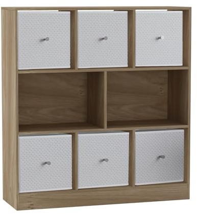 URBNLIVING 8 Cube Asymmetrical Bookcase with 6 Fabric Storage Drawers, Modern Freestanding Shelving Unit for Books, Toys & Decor, Engineered Wood Organizer Cabinet for Home & Office