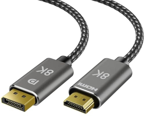 Câble DisplayPort 8K vers HDMI de 4,6 m, unidirectionnel, source DP vers écran HDMI, 8K @ 60 Hz, 4K @ 240 Hz, 2K @ 240 Hz, DisplayPort 1.4 vers HDMI 2.1 tressé pour NVIDIA, Dell, AMD, Lenovo, HP, PC