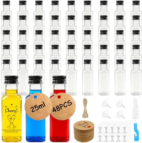 Sheryl&Rain Pack of 48 Small Bottles for Filling, 25 ml Mini Shot Bottles, Reusable Plastic Shot Bottles with Funnel, Hanging Labels, Ropes, Label and Brush, for Weddings, Parties