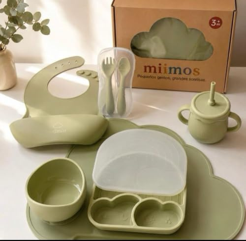 miimos Vajilla Bebé Silicona BLW | Set Completo con Plato Ventosa Fuerte, Bol, Vaso, Babero, Cubiertos con Estuche y Tapete | 100% Silicona Alimentaria Libre BPA
