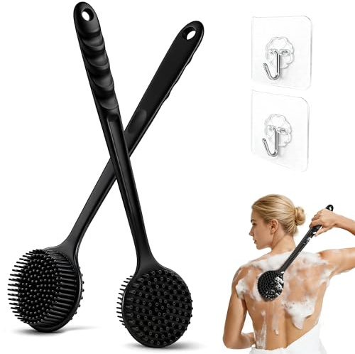 Brosse dos douche en silicone, Set de 2 Brosse Long Manche en Silicone Double Face, avec 2 crochets transparents, Noir
