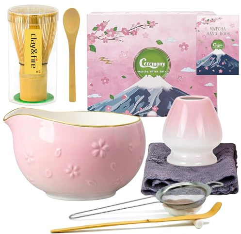 Clay&Fire Matcha Whisk Set, 9 pcs Ceramic Matcha Set, Gifts for Women,Matcha Bowl with Spout and Whisk, Matcha Kit for Matcha Lovers (Cherry Blossom Pink)