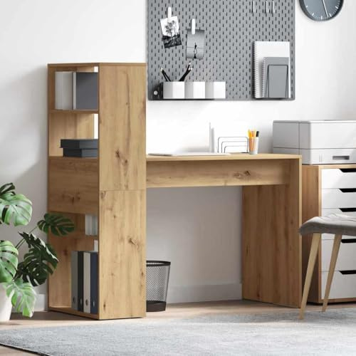 Foknhdi Bureau moderne 113 x 54 x 120 cm en panneau en bois robuste chêne artisanal avec 2 étagères pour la maison, le bureau, les jeux et le salon