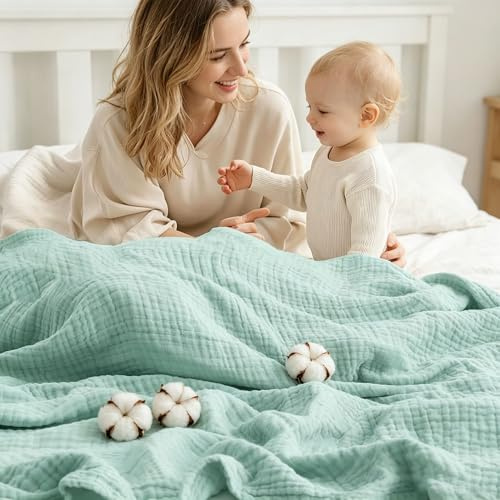 Musselin Decke Sommer, Sanfte Musselindecke Bio, Musselin Decke Erwachsene, Atmungsaktive Gaze-Decke Alle Jahreszeiten, Muslin Blanket-Weich & Leicht Vorgewaschene 100% Baumwolldecke (E,150*200CM)