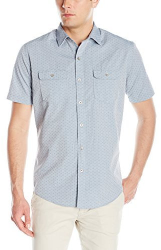 Van Heusen Men's Short-Sleeve Indigo Faux Denim Dobby Shirt - Blue - XL