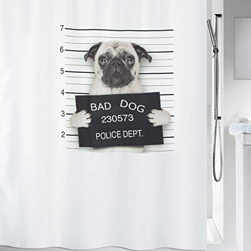 Spirella Anti-Schimmel Duschvorhang - Anti-Bakteriell, waschbar, wasserdicht, Polyester, „Bad Dog Mops“ 180x180cm Weiß