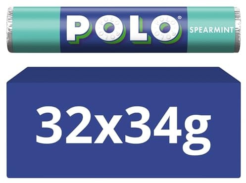 Polo Spearmint Mints Tubes, 32 x 34 g | The mint with the hole - crunchy mints; refresh your breath wherever you are with a POLO; perfect for sharing