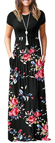 AUSELILY Long Dresses for Ladies - Maxi Dress for Women Summer Casual with Pockets L Black Rose Black
