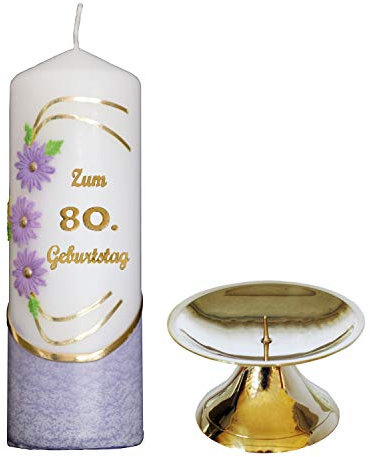 Meissner-Handel Auswahl * Jubiläumskerze/Geburtstagskerze ''Zum 80. Geburtstag'' * lila * mit farbigen Wachsauflagen * inkl. Kerzenständer aus Messing * (Motiv 021) Auswahl Motiv + Farbe