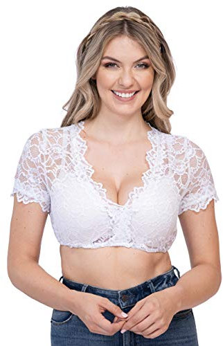Schöneberger Trachten Couture Damen Dirndlbluse aus Spitze Kurzarm weiß – Elegante, Exklusive Dirndl Bluse Teil-transparent für Oktoberfest, V-Ausschnitt Thea (38, Weiss)