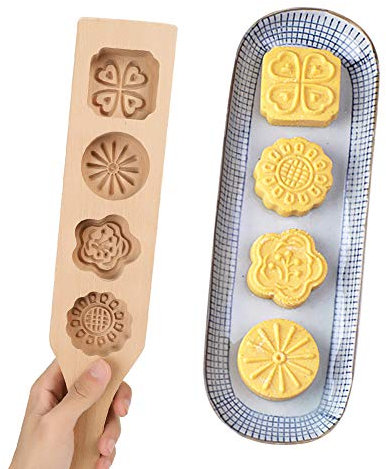 Wooden Mooncake Mould DIY Pastry Mold Moon Cake Mould Press Mold Muffin Biscuit Cookie Cake Chocolate Green Bean Cake Mold for Household Cake Shop Coffee Shop Dessert Shop Use (4 Flower Pattern)