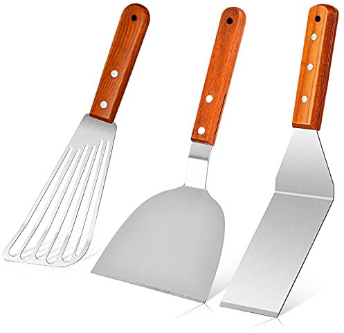 Edelstahl Fisch Spatel Pfannenwender 3er Set, Metall Schlitzwender mit Holzgriff, Professionelle Küchenspatel für Pfannkuchen, Zerschlagen Burger und Ei, Dünne Flipper zum Kochen, Grillen