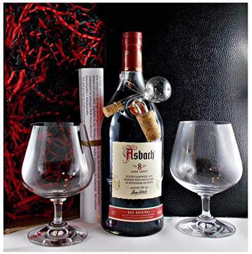 Asbach Privatbrand 8 Jahre Weinbrand + Glaskugelportionierer + 2 Cognac Schwenker im Geschenk Karton Geschenkset Männergeschenke