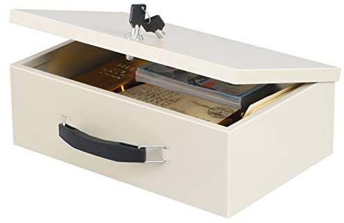 xydled Caja fuerte resistente al fuego con cerradura de llave para almacenamiento de seguridad en casa y oficina para documentos de valor, 12.8 x 8.5 x 4.5 pulgadas, blanco, beige