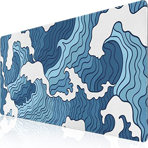 Grand Tapis de Souris XL pour Bureau - Base Antidérapante pour Travail, Jeux, Maison - Vague de Mer (90 x 40 cm)