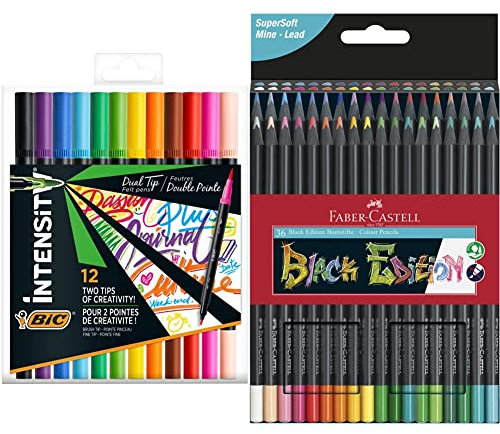 BIC Intensity Filzstifte Set, Dual Tip Brush Pen zum Malen in 12 Farben, mit Pinsel & feiner Spitze, Ideal für Schultüte & Faber-Castell 116436 - Buntstifte Blackwood, Black Edition, 36er Etui