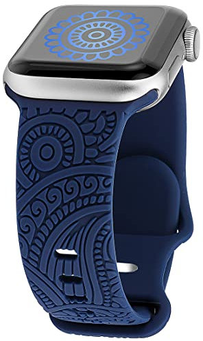 TOYOUTHS Floral Gravierte Armband Kompatibel mit Apple Watch Armband 41/40/38/42mm, Frauen Blume Fancy Cute Design Weich Silikon Sport Solo Loop Armbänder für iWatch 10/9/8/7/6/5/4/3/SE, Dunkelblau