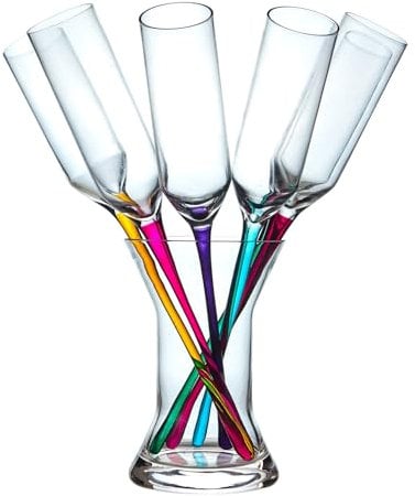 Relsy Rainbow Dipped Champagne Glasses - Set of 6 Stylish Coloured Stemmed Baseless Party Glasses with Vase Holder - Perfect for Wine or Prosecco Parties & Social Events