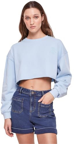 Urban Classics Damen Sweatshirt Ladies Cropped Flower Embroidery Terry Crewneck balticblue 4XL