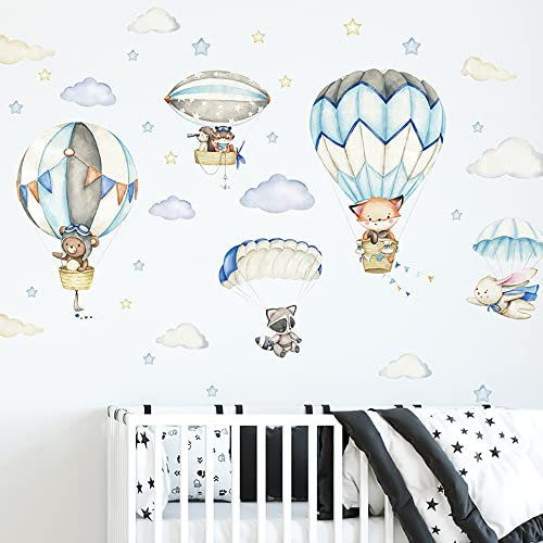 Yotdmk Cartoon-Tier-Wandaufkleber Panda-Füchse auf Heißluftballon, Wandaufkleber für Kinderzimmer, Babyzimmer, Kindergarten, Mädchen, Jungen, Schlafzimmer, Dekoration, Vinyl, Wandbilder, Tapete
