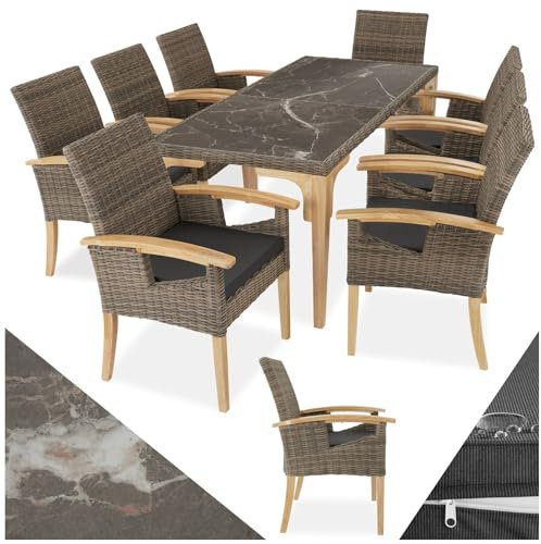 tectake® Rattan Möbel Set, 8X Stühle, 1x Tisch, modern, Korbsessel mit Armlehne, Esstisch Marmor Optik, Esszimmer Lounge Gartenmöbel für Balkon, Terrasse, Wintergarten, Outdoor Küche - Natur