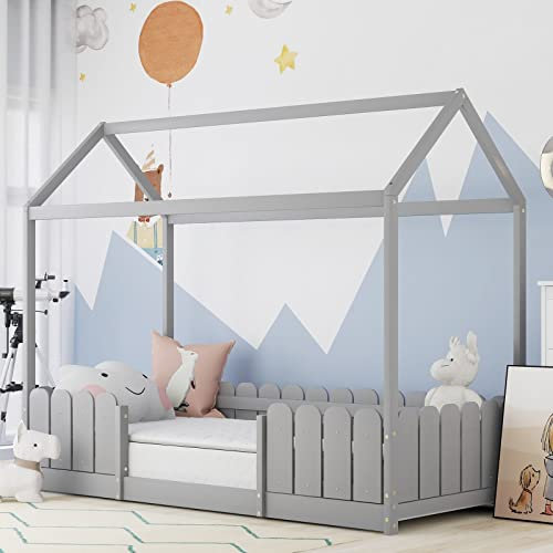 Banemi Kinderbett 90X200, Hausbett Kinder Massivholzbett Grau Vielseitiges Holz Kinderbett mit Rausfallschutz und Lattenrost (Ohne Matratze)