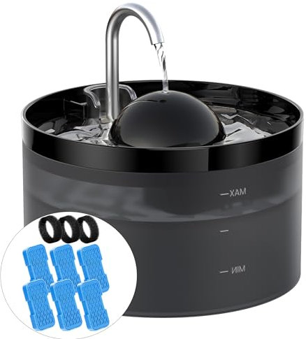 UIOOQ Katzenbrunnen + 6Filters + 3Schwämme, Haustierbrunnen mit Ultra-Stiller Pumpe, Aktivkohlefilter hält das Wasser Sauber, 2,2L Kapazität, Wasserhahndesign, Anti -Sputtern