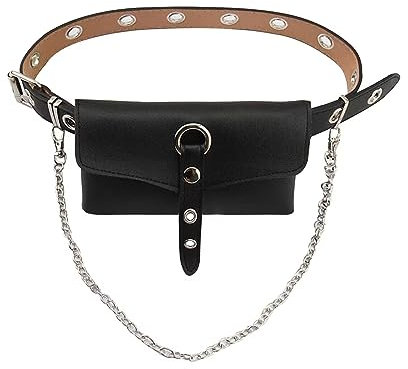 Punk Bauchtasche, Gothic-Hip-Hop-Gürteltasche, modische Designer-Gürteltasche mit Metallkette für Damen und Herren, Reisen, schwarzes Leder, Gürteltasche, Umschlag-Clutch, Schwarz, Schwarz, 7.09