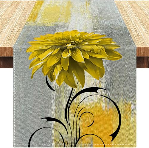 Tischläufer Weihnachten Leinen Gelb und Grau Kunstmalerei Leinen Tischläufer Boho Blumen Tischläufer Herbst für Party Urlaub Küche Bankett Hochzeit 40 x 140 cm Waschbarer Tischläufer