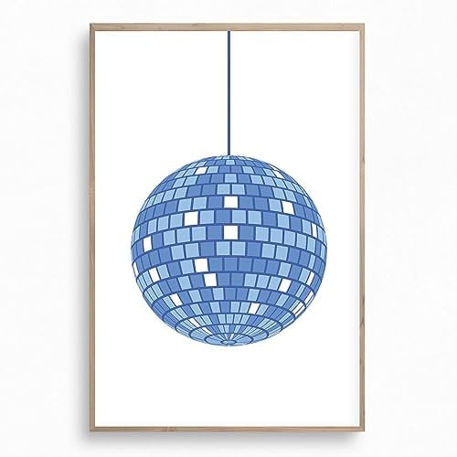 Blaue Discokugel Wandposter, Retro, trendige Wandkunst, trendige Discoposter, blaues Discoball-Poster, blaues Funky-Disco-Poster, blaues trendiges Wandposter, blaue Wohnheim-Wanddrucke, ästhetisch,