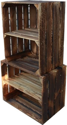 Teramico Holzkisten Obstkisten Weinkisten geflammt dunkel 50 x 40 x 30cm in tollen Set-Angeboten als Regal oder zur Aufbewahrung (2er Set | Lang und Kurz)