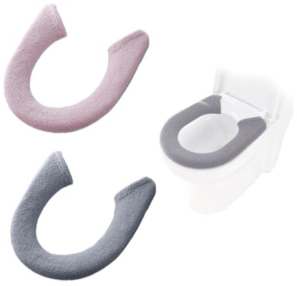 OAAO 2 Pcs Winter Warm Toilet Seat Pad, Thickened Soft Universal Button Cushion, Bathroom Washable Reusable Closestool Mat (Grey & Pink, 82 * 17cm)