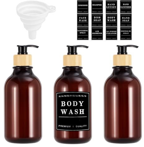 Recycled Plastic Soap Dispenser, 3 Pcs Shampoo and Conditioner Bottles Washing Up Liquid Dispenser Set with Labels and Funnels, Pump Bottle for Refillable Shampoo and Conditioner Bottles(500ML-Brown)