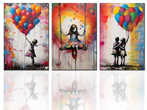 Tucocoo Moderne Wandkunst, Banksy-Mädchen mit Ballon, Straßen-Pop-Graffiti-Gemälde, 3-teiliges Leinwandbild, modernes Kunstwerk, Heimdekoration für Wohnzimmer, Schlafzimmer, Büro, gerahmt, fertig zum