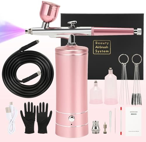 Upgraded Airbrush Kit with Air Compressor, Portable Cordless Auto Airbrush Gun Kit, Handheld Rechargeable Air Brush with Compressor for Makeup, Nailart, Painting, Cake, Cookie, Model (Pink)