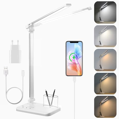 rigors Dual Swing Arm LED Schreibtischlampe mit Netzadapter, Dimmbar 5 Farb und 10 Helligkeitsstufen, Tischlampe mit Stifthalter, USB-Ladeanschluss, 45 Min Timer und Memory-Funktion Silbrig
