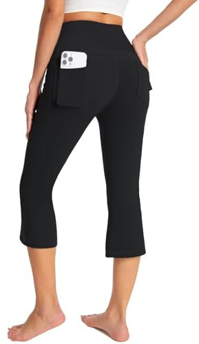 GEMZIX Damen Kühlende Bootcut Capri Leggings 3/4 Sommer Butterweiche High Waist Stretch Flared Yogahose Leicht Blickdicht Schlaghose Arbeitshose mit Taschen Jeggings für Gym Alltag, Schwarz, L