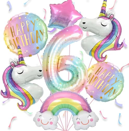 Luftballon Einhorn 6 jahre, 7pcs Luftballons Geburtstag 6 Regenbogen, Luftballons Geburtstag Mädchen 6, Geburtstagsdekoration für 6-Jährige Mädchen