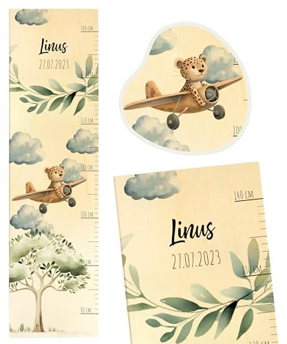 Geschenkfreude Messlatte Kinder personalisert 80-140cm - mit Leo als Dekoration fürs Kinderzimmer - personalisierte Messlatte Kinder Holz - Geschenk Geburt für Junge und Mädchen