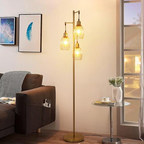 kaixunl Lampadaire Doré, Lampadaire En Fer, Lampadaire Rétro, Vintage Lampadaire En Forme De Cage À Oiseaux, Adapté Pour Une Utilisation Dans Le Salon, La Chambre, Trois Têtes De Lampe E27 H160cm