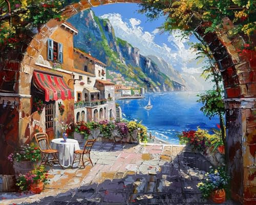 32 Originale Wanddekoration der Ägäis, Meereslandschaftsgemälde, Heimdekor für Restaurantdekor, Schlafzimmer, Torbogen zur Küste, handgemaltes Gemälde der Ägäis in Acryl auf Leinwand von Hochschu...