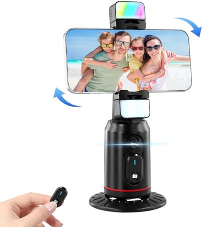 Auto Face Tracking Tripod, 360° Rotating Auto Tracking Phone Stand with LED Light, Gesture Control and Remote Control, Face Body Phone Tracking Tripod for Live Vlog Streaming Video