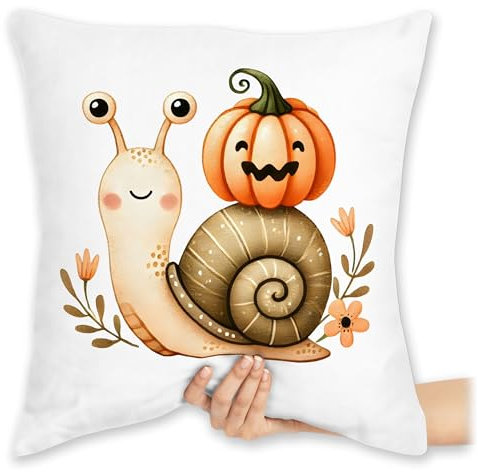 Kissen 40x40 Zierkissen - Süße Schnecke mit Kürbis | Herbstliches Baby und Kinder Motiv | Niedliches Design für Halloween und Herbst | Herbstliche Geschenkidee Tierfreunde - 40 x 40 cm - Weiß
