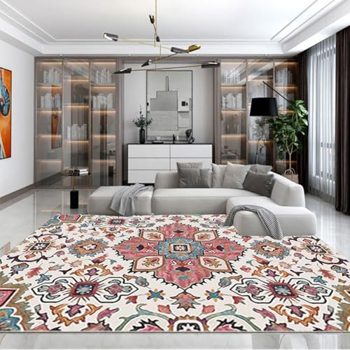 DATOPER Waschbarer Teppich Wohnzimmer Teppich Vintage Kurzflor Teppich Groß Weiche Teppich rutschfest Teppich Flauschiger Teppich Rosa 100cm×160cm